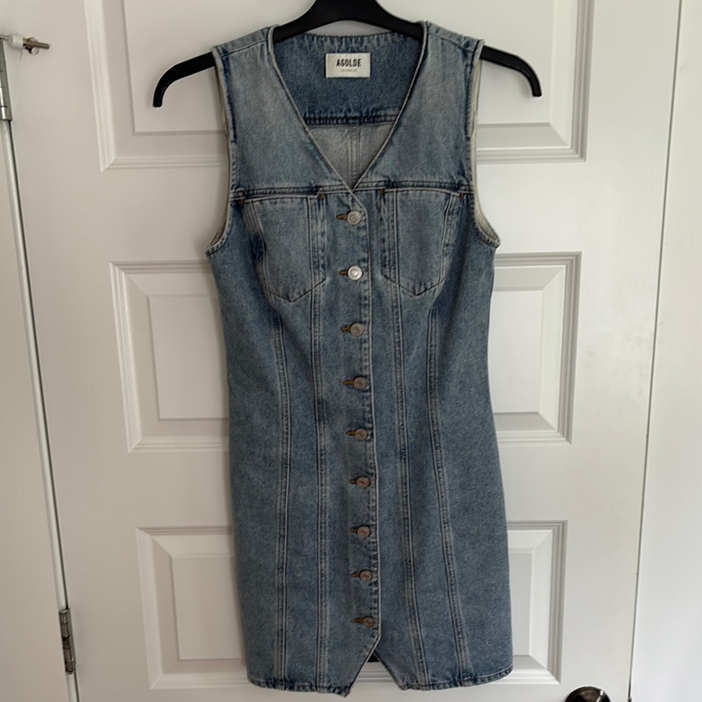 Agolde Blue Trina Denim Sleeveless Mini Dress in size XS in color balance